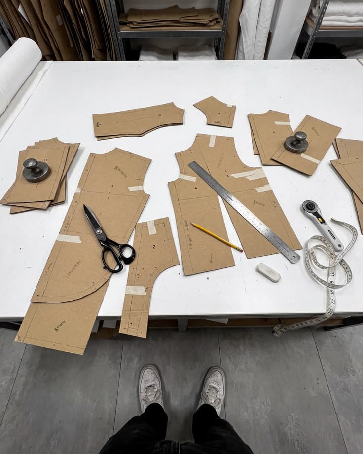 Brown card pattern pieces laid out on a cutting table